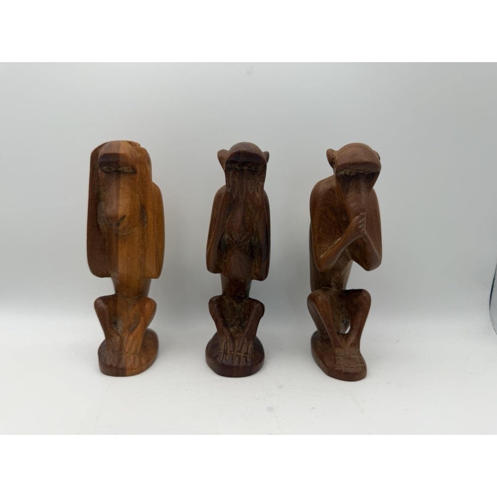 Hand Carved Kenyan Wood Monkey Figurines Set of 3 Hear See Speak No Evil